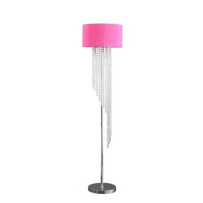 HomeRoots 53" Clear And Silver Crystal And Metal Floor Lamp With Hot Pink Linen Drum Shade