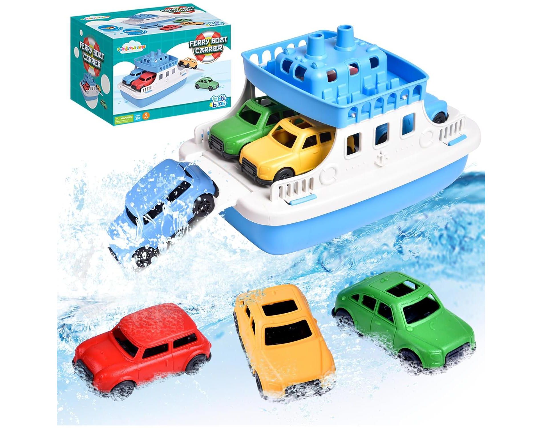Fun Little Toys 5Pcs Toy Boat Bath Set, Bath Toys for Toddlers with 4 Mini Cars, Summer & Birthday Gifts for Boys
