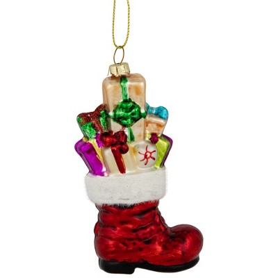 5" Shiny Red Glass Stocking Ornament with Presents