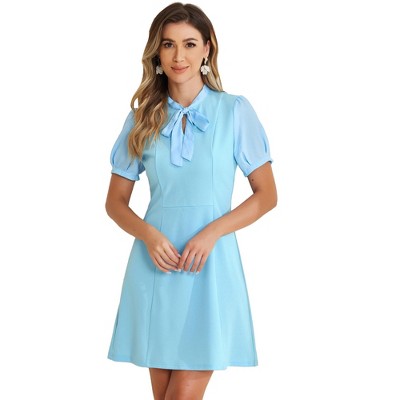 INSPIRE CHIC Women's Bow Tie Keyhole Neck Puff Sleeve Elegant Work Dress