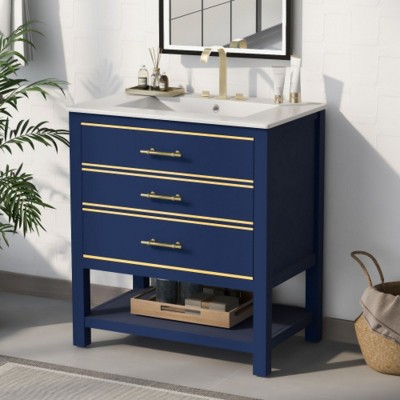 Modern 30 inch navy blue bathroom storage cabinet with open storage space and two drawers