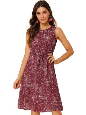 Allegra K Women's Floral Split Neck Drawstring Waist Sleeveless A-Line Summer Midi Dress