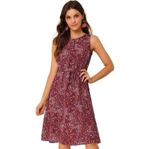 Allegra K Women's Floral Split Neck Drawstring Waist Sleeveless A-Line Summer Midi Dress - 1 of 4