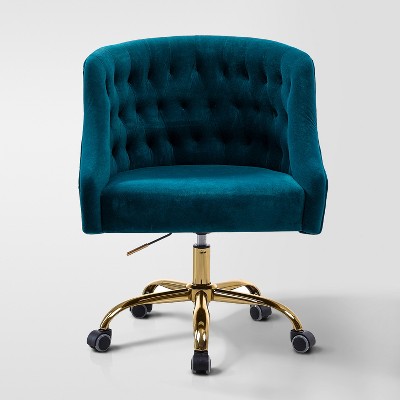 Anika Velvet Height-adjustable Swivel Task Office Chair with Button-tufted Back and Gold Base | Karat Home