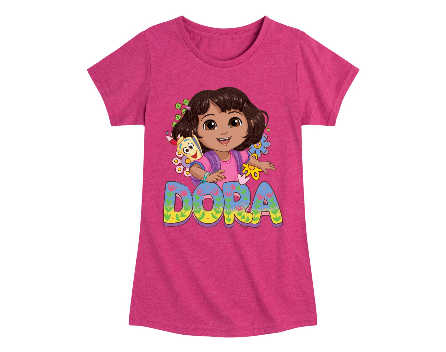 Girls' Dora the Explorer Logo Map And Flowers Fitted Short Sleeve Graphic T-Shirt - Heather Fuchsia - 4T