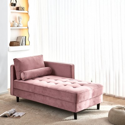 Pink Velvet Chaise Lounge, Mid-Century Modern Sleeper Sofa with Tool-Free Assembly, 64-Inch Compact Design
