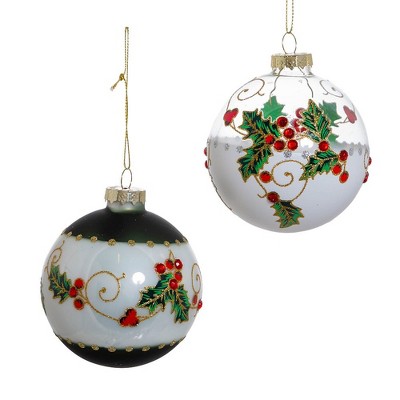 Kurt Adler 80MM Holly Leaves and Berries Glass Ball Ornaments, 6-Piece Set