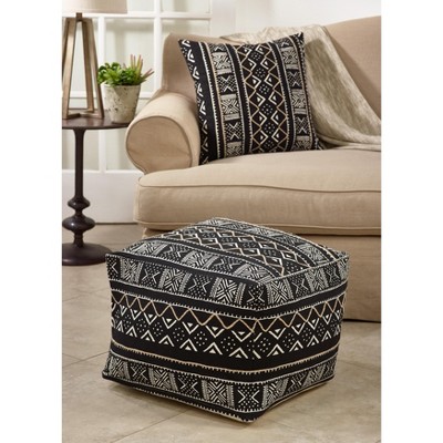 Black and White Cotton Mudcloth Square Pouf, 24"