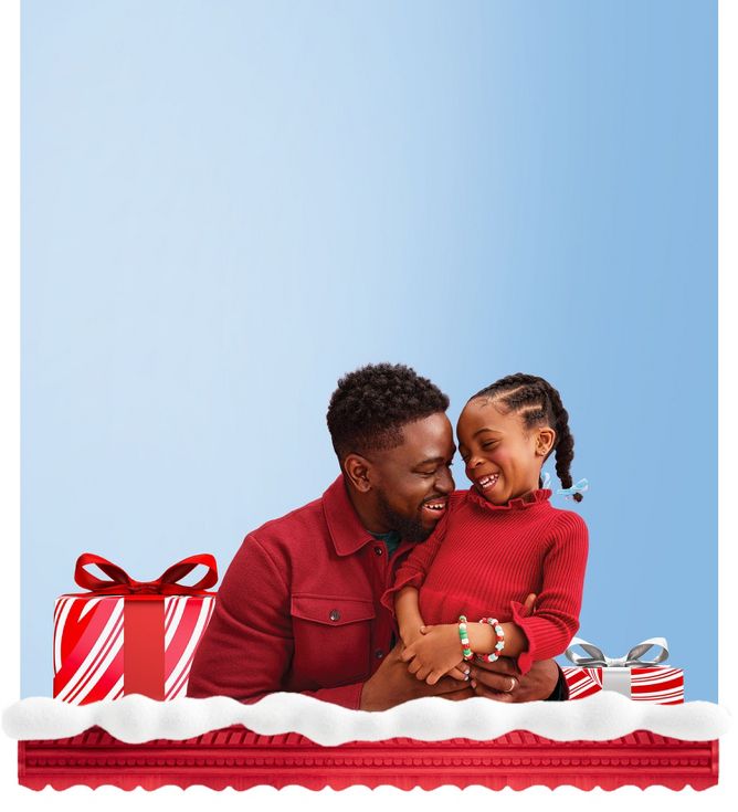 Dad and Daughter wearing red clothes on a blue background surrounded by two gift boxes