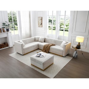 Luxurious 100.8 Velvet Upholstered U-Shaped Corner Sectional Sofa with Ottoman, Vertical Channel Tufting, Gold Base, and 4 Pillows - 1 of 4