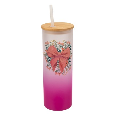 Elanze Designs 25 Ounce Frosted Glass Gradient Travel Tumbler With Straw and Wooden Lid, Pink Bow Floral Pink