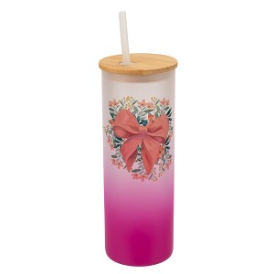 Elanze Designs 25 Ounce Frosted Glass Gradient Travel Tumbler With Straw and Wooden Lid, Pink Bow Floral Pink - 1 of 1