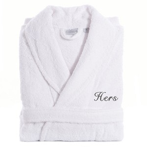 Linum Home Textiles 100% Turkish Cotton Embroidered ''Hers'' Terry Bathrobe in Script Font - 1 of 3