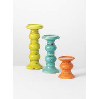 Sullivans Set of 3 Pillar Candle Holder 5"H, 10"H & 12"H Blue, Green & Orange