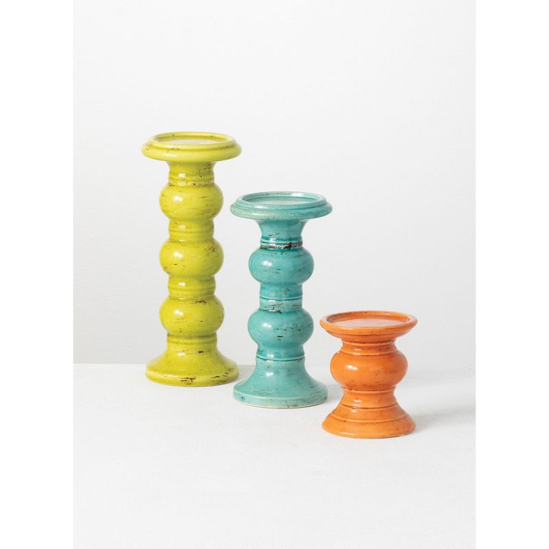 Sullivans Set of 3 Pillar Candle Holder 5"H, 10"H & 12"H Blue, Green & Orange, 1 of 6