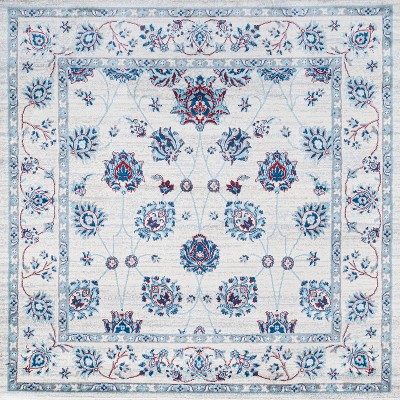 Ivory and Blue Floral Synthetic 5' Square Rug