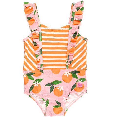 RuffleButts Kids Pinafore One Piece - Orange You The Sweetest, Size: 6