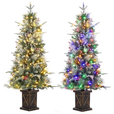 4.5ft Pre-Lit Artificial Christmas Tree with 8 Lighting Modes, Full Snowy Pine, 200 LED Lights, Pre-Lighted Xmas Tree with Different Base