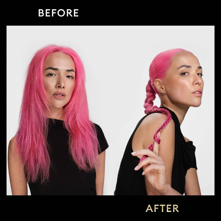 Two side-by-side images showing a person with pink colored hair, with the left image labeled "BEFORE" showing loose hair and the right image labeled "AFTER" showing the hair styled in a sleek braid.