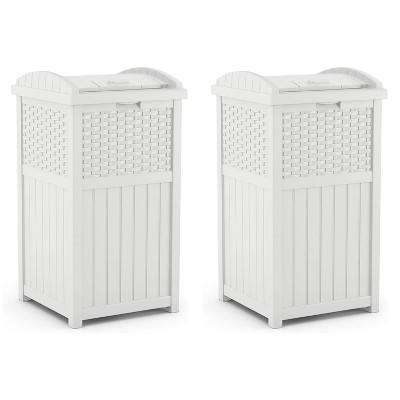 Suncast Wicker Resin Outdoor Hideaway Trash Can Bin with Latching Lid for Use in Backyard, Deck, or Patio, White (2 Pack)