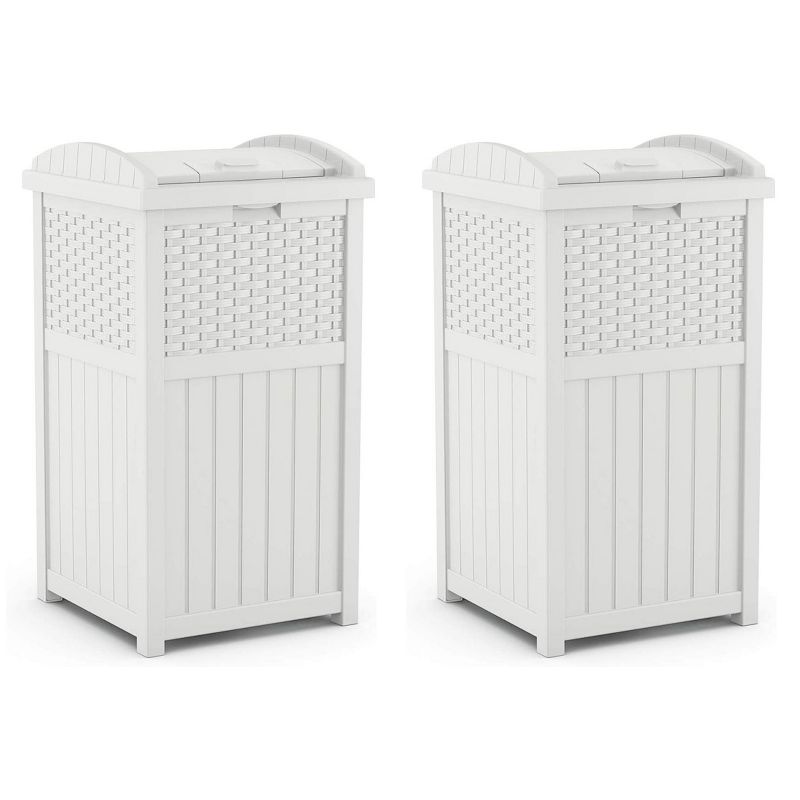 Suncast Wicker Resin Outdoor Hideaway Trash Can Bin with Latching Lid for Use in Backyard, Deck, or Patio, White (2 Pack), 1 of 7