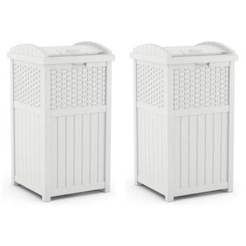 Suncast Wicker Resin Outdoor Hideaway Trash Can Bin with Latching Lid for Use in Backyard, Deck, or Patio, White (2 Pack)