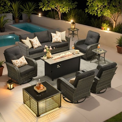 XIZZI Patio Furniture Sets for Outdoor Relaxation, Comfy 3.5-Inch Cushions & 360° Swivel Action for Extra Comfort, 9 Pcs/Set - Fire Pit Table, Black