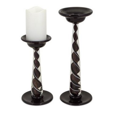 Melrose Set of 2 Dark Elegance Black Swirled Glitter Pillar Candle Holders 9.5" - 13.75"