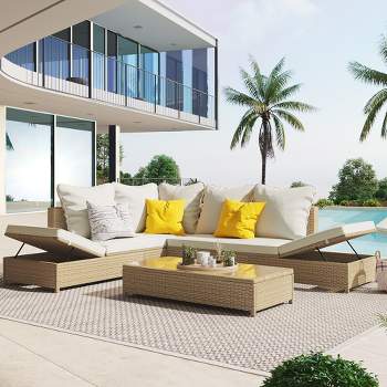3 PCS Outdoor Rattan Patio Sectional Sofa Set with Adjustable Chaise Lounge Frame and Tempered Glass Table-ModernLuxe