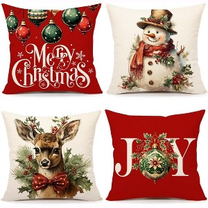 LISM Set of 4 Christmas Pillowcases,Decorations Snowman Deer Joy Pillow Covers - 1 of 4