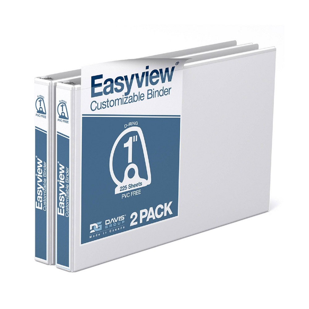 Easyview 2pk 1" Premium Angled D-Ring Binders 11x17" White: Hard Cover, Polypropylene, 225 Sheet Capacity, 2 Pockets