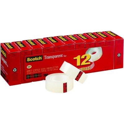 Scotch 600 Transparent Tape, 0.75 x 1000 Inches, Glossy, Pack of 12