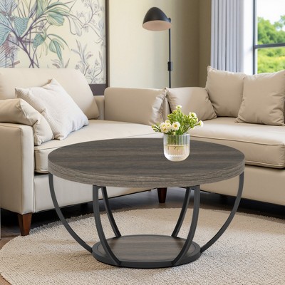 Lirago 31.69" Round Coffee Table 2 Tier Modern Wooden Cocktail Table with Metal Base for Living Room Office Sturdy and Elegant Design Gray