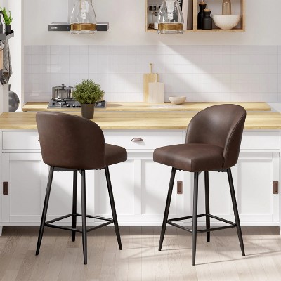 Dark Brown PU Leather Bar Height Bar Stool, Set of 2, 360° Swivel Upholstered Bar Stool
