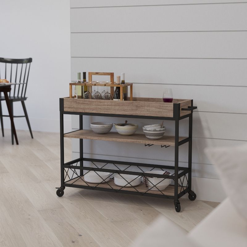Merrick Lane Rolling Kitchen Serving and Bar Cart with Shelves and Wine Glass Holders in Distressed Light Oak Wood and Black Iron, 6 of 15