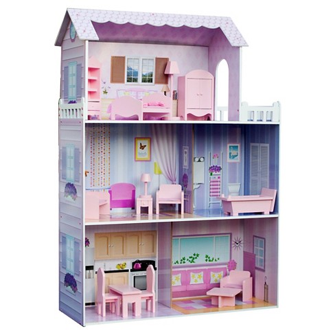 Pretend Play 3 Story Wooden Doll House w/Light, Doorbell, & Bedroom,  Bathroom, Living Room, & Dining Furniture for Kids Age 3 and Up