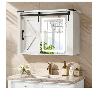 Bathroom Cabinet Wall Mounted Medicine Storage Organizer Barn Door With LED Light Bathroom Storage