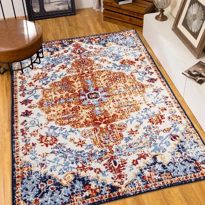 Gulches Vintage Printed Area Rug Ultra Soft Faux Cashmere, Machine Washable, Non-Slip, Kid and Pet Friendly