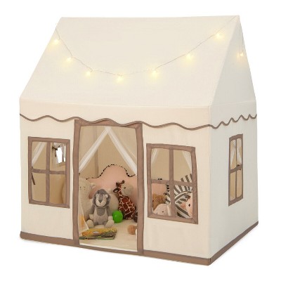 Costzon Kids Play Tent with Non-Slip Mat, Large Playhouse with Solid Frame, Mesh Curtains, 4 Windows & Star Lights for Indoor/Outdoor Use (Khaki)