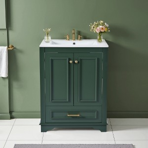 Wooakway 24"L Green Modern Bathroom Vanity with Ceramic Sink Soft Close Doors Silver Handles - 1 of 4