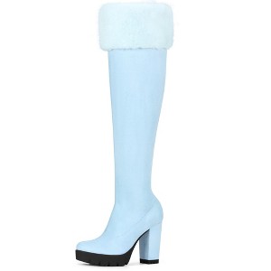 BLISSFUL STEP Women's Chunky Heel Platform Faux Fur Zipper Over Knee High Boots - 1 of 4