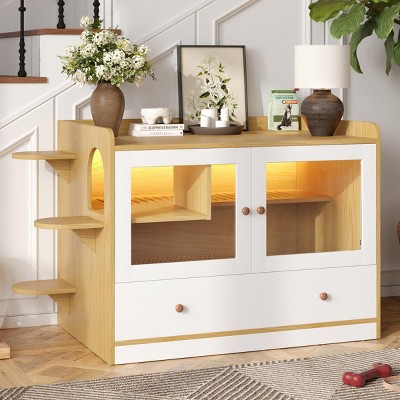 INFURNIC Decorative Storage Cabinets Cat Litter Box Enclosure with Drawer Stairs and Side Table Design, White, 43"*23.6"*27.95"