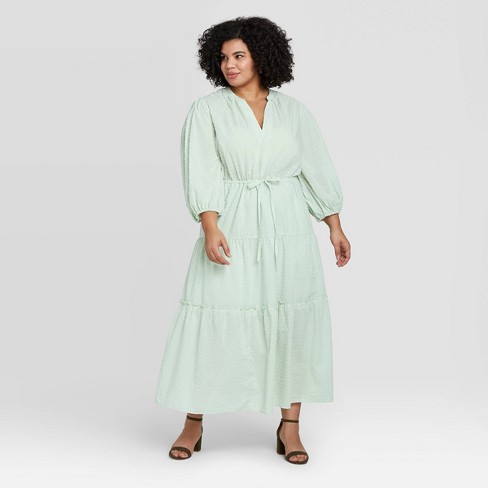 Women S Plus Size Polka Dot Long Sleeve Tie Waist Tiered Dress A