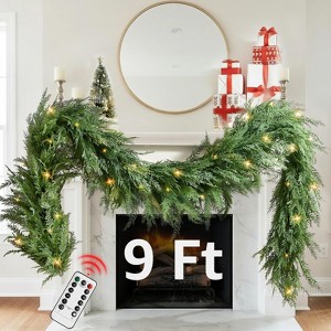 Christmas Cedar with Lights - Cypress Decorations 9ft for Xmas Home Decoration Indoor Stairs Railing Fireplace - 1 of 4