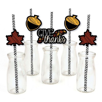 Big Dot of Happiness Give Thanks Paper Straw Decor - Thanksgiving Party Striped Decorative Straws - Set of 24