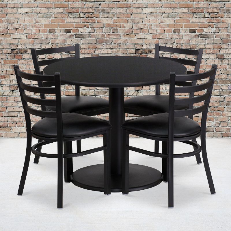 Flash Furniture 36'' Round Black Laminate Table Set with Round Base and 4 Ladder Back Metal Chairs - Black Vinyl Seat, 2 of 3