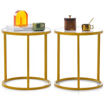 Tangkula 2PCS Marble Top Round Side Table 19.5"x19.5" End Table w/Golden Metal Frame Gold