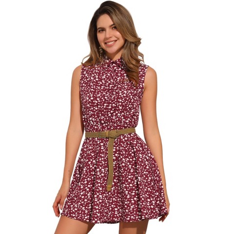 Женские платья INSPIRE CHIC Women's Floral Sleeveless Half Placket Mini Belted Summer Dress X-Large Red