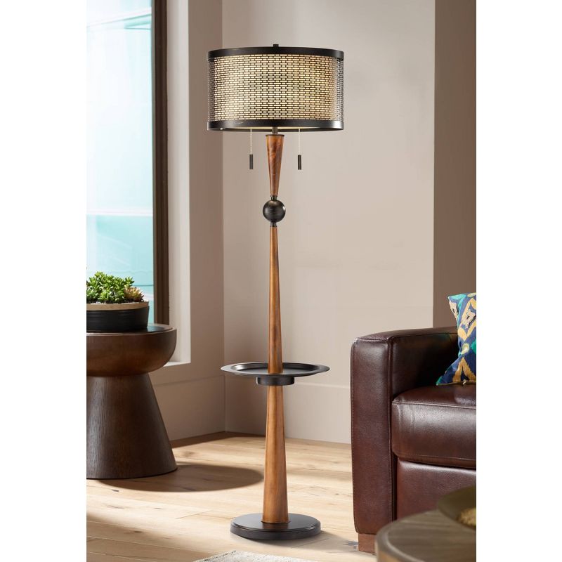 Franklin Iron Works Hunter Rustic Floor Lamp with Tray Table 64 3/4" Tall Faux Wood Bronze USB Charging Port Oatmeal Linen Drum Shade for Living Room, 2 of 10