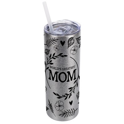 Elanze Designs Floral Silvertone Sparkle 20 Ounce Double Wall Stainless Steel Glitter Travel Tumbler With Sliding Lid And Straw, World's Greatest Mom